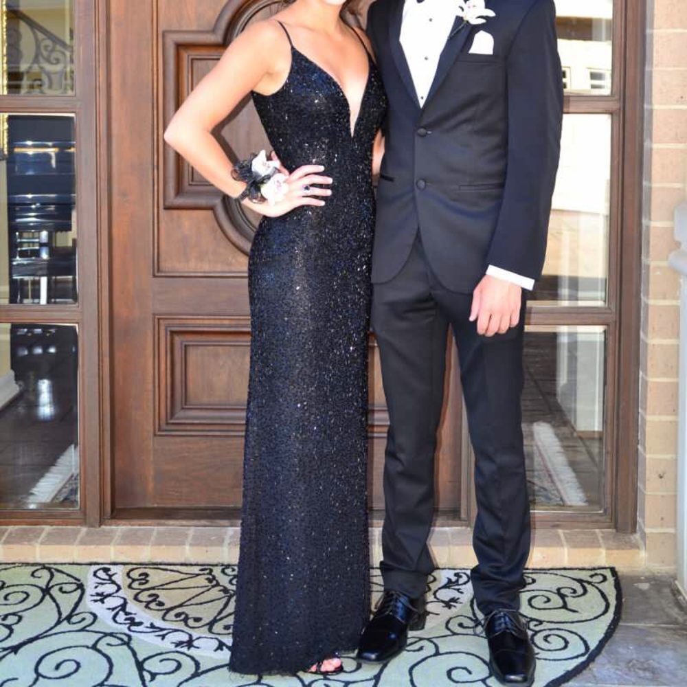 Sherry Hill fully beaded fitted gown.